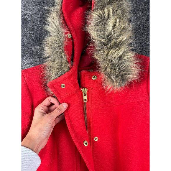 J. Crew Wool Blend Lined Faux Fur Hooded Coat Jacket Pockets Red Women's 4 - Picture 4 of 13